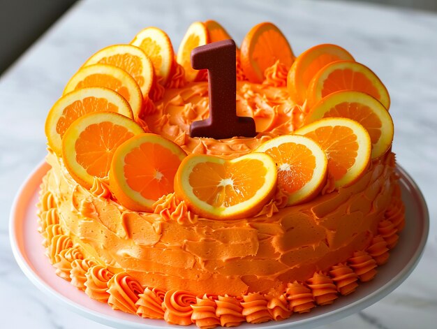 Un gâteau avec des tranches d'orange et le numéro un dessus.