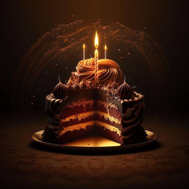 Un gâteau avec trois bougies dessus avec un fond sombre.
