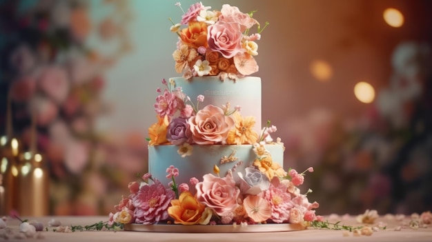 Un gâteau à trois étages avec des fleurs sur le dessus
