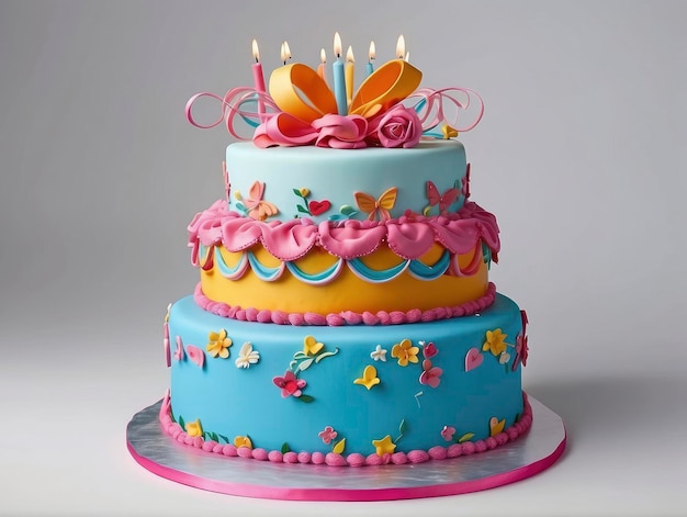 un gâteau à trois étages avec un glaçage rose et bleu et un papillon