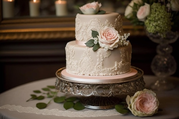 Un gâteau à trois niveaux avec des roses roses sur le dessus est posé sur une table.