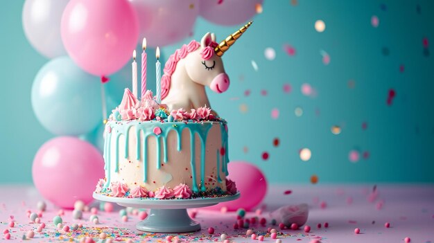 gâteau d'unicorne d'anniversaire avec des bougies, des ballons, des confettis sur un fond minimaliste et vif avec un espace de copie