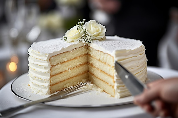 Photo un gâteau de vanille avec des couches de crème à la vanille en cours d'assemblage