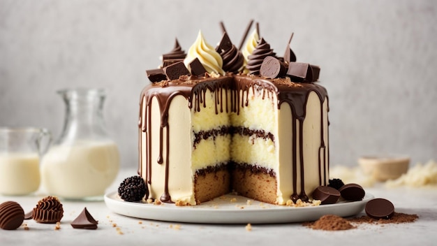 Un gâteau avec de la vanille et du chocolat sur un fond blanc