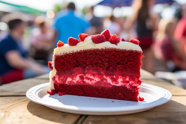 Un gâteau de velours rouge apprécié par un groupe diversifié de personnes lors d'une fête ou d'une réunion