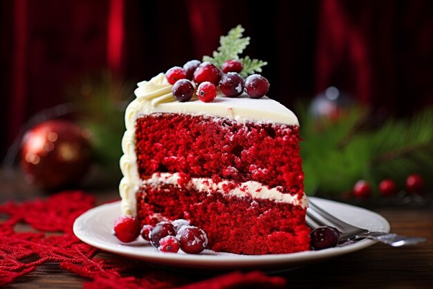 Gâteau de velours rouge avec une décoration festive sur le thème des fêtes telle que le holly ou les flocons de neige