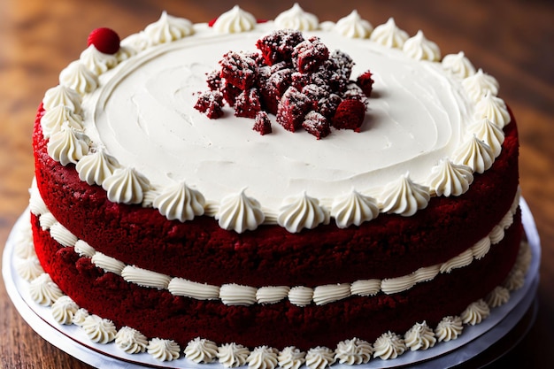 Un gâteau de velours rouge avec un glaçage blanc et une framboise sur le dessus.