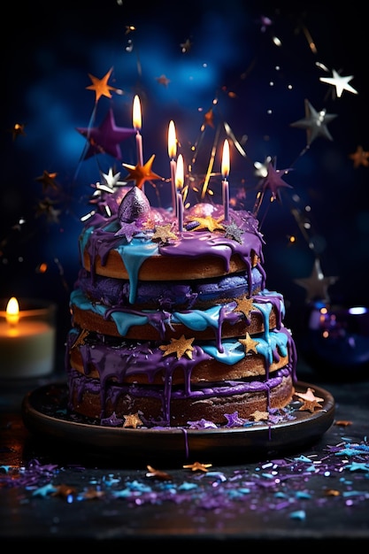 gâteau violet et bleu avec des bougies dessus avec des étoiles et des confettis ai génératif
