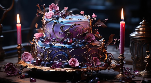 gâteau violet et bleu avec des fleurs et des bougies sur une table ai générative