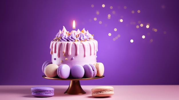 Un gâteau violet avec une bougie allumée est posé sur une table avec des macarons et autres macarons.