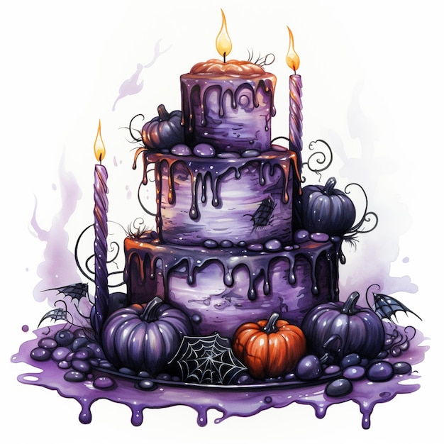 gâteau violet avec des bougies et des décorations sur une assiette avec de la peinture violette ai générative