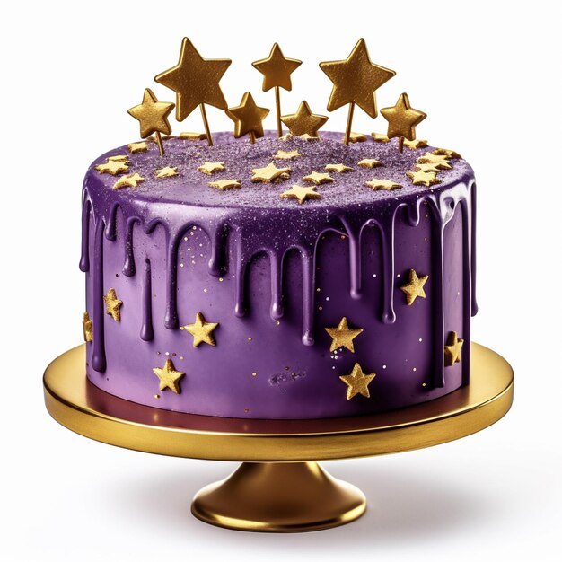 gâteau violet avec des étoiles dorées sur un support doré génératif ai