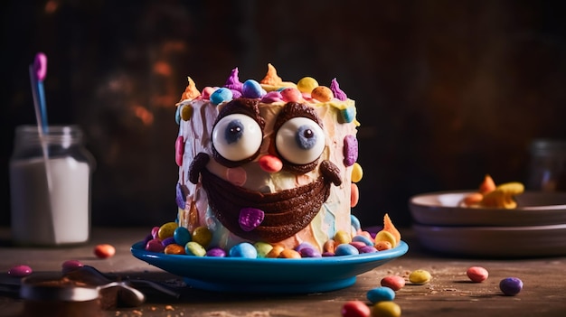Un gâteau avec un visage drôle généré par l'IA