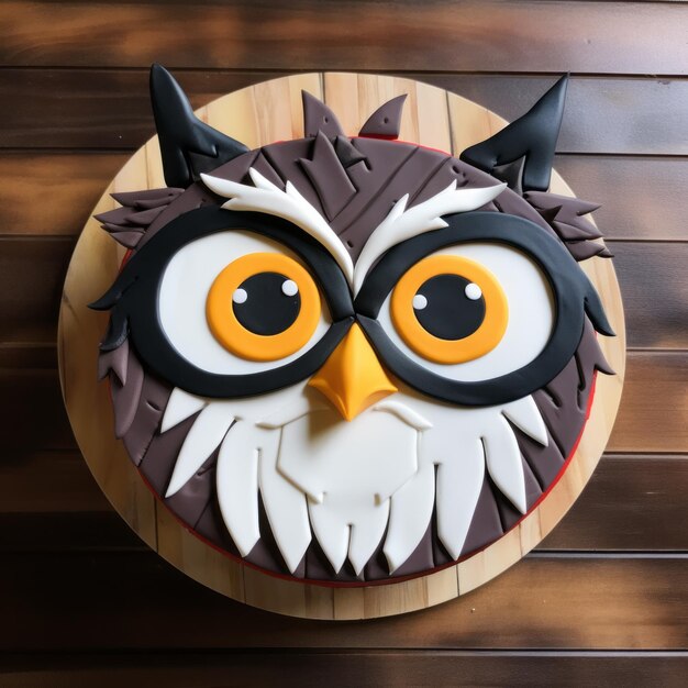 Un gâteau à visage de pie à thème de hibou avec un design 2D unique dans le style de dessin animé