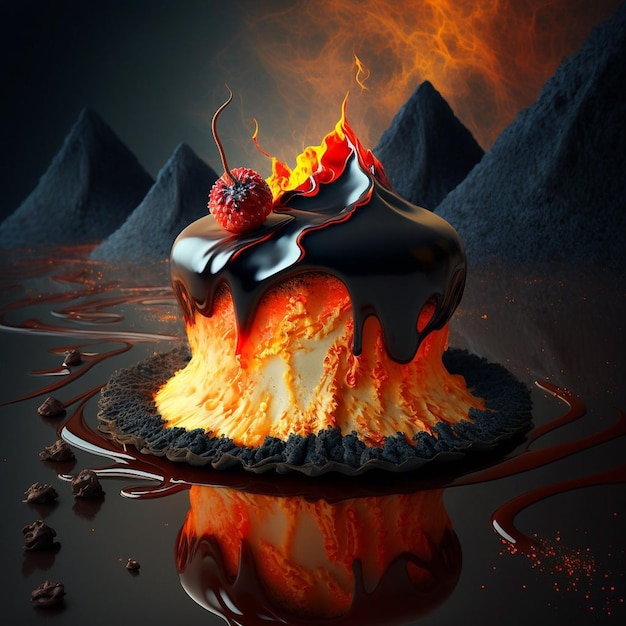 Un gâteau avec un volcan dessus qui dit " feu ".