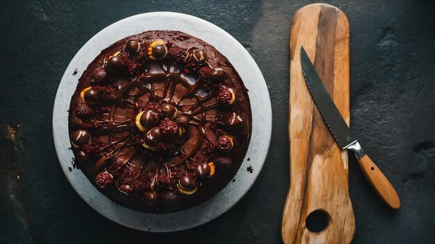 Photo gâteau avec vue latérale au chocolat sur pierre grunge et planche à couper