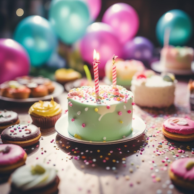 Des gâteaux d'anniversaire avec des ballons colorés sur la table.