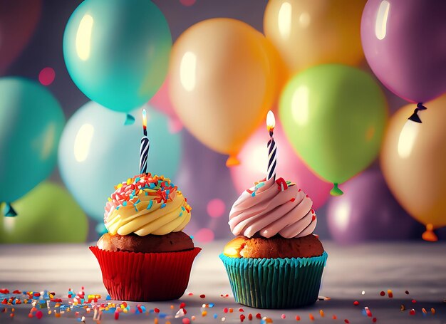 Des gâteaux d'anniversaire avec un fond flou des ballons colorés image réaliste ultra hd