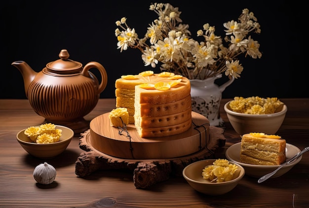 des gâteaux sur une assiette à côté d'une théière et des fleurs dans le style de he jiaying