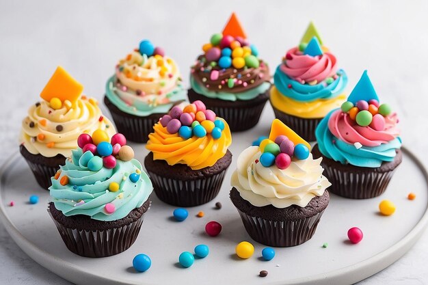 Photo des gâteaux au chocolat avec de la crème au fromage et des décorations multicolores