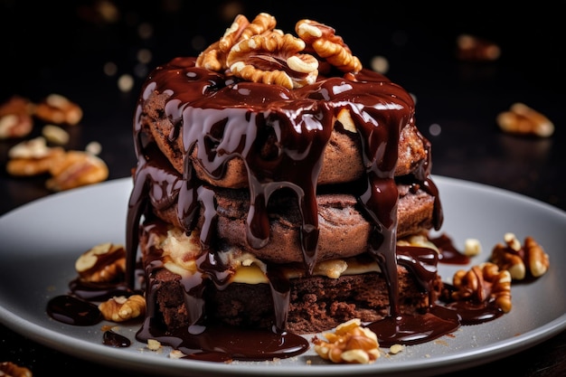 Des gâteaux au chocolat empilés avec des noix et une garniture de chocolat fondu