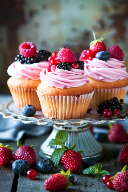 Des gâteaux aux baies avec de la glace rose