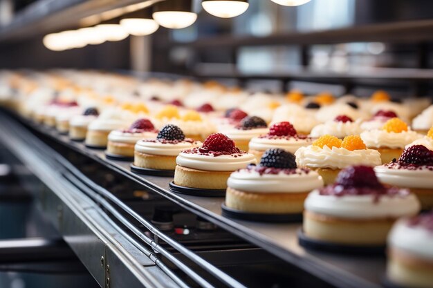 Des gâteaux sur un convoyeur circulaire automatisé dans une usine de boulangerie