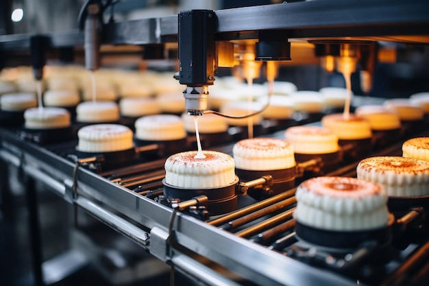 Des gâteaux sur un convoyeur circulaire automatisé dans une usine de boulangerie