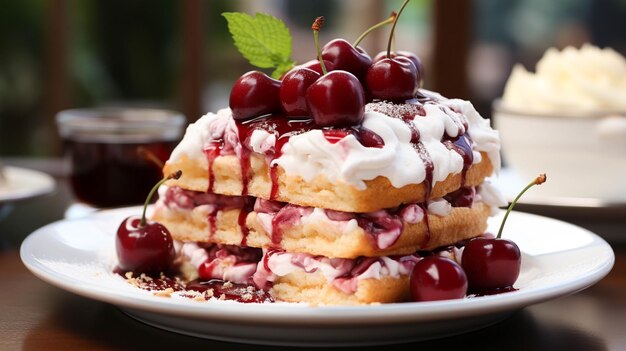 Gâteaux à la crème et aux cerises sur une table en bois