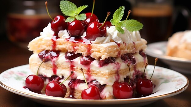 Gâteaux à la crème et aux cerises sur une table en bois