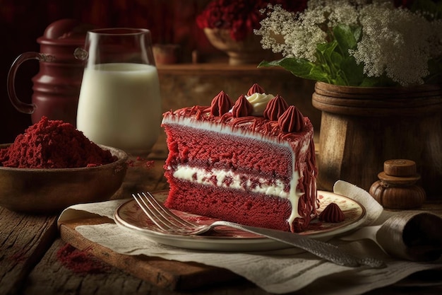 Gâteaux faits maison gâteau de velours rouge avec de la crème sur la table du dîner créé avec générative ai