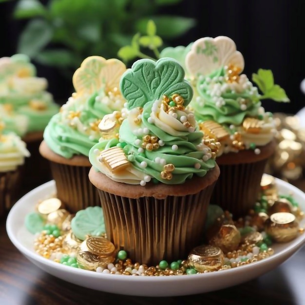 Gâteaux de la fête de Saint-Patrick avec du trèfle décoré de crème fouettée verte sur fond gris