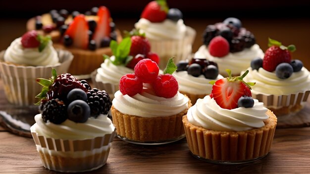 Des gâteaux de goût différent avec des fruits et des biscuits sur la table de fête