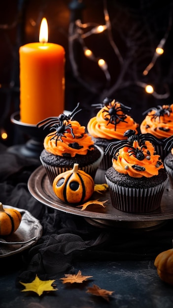 des gâteaux d'Halloween avec des citrouilles et des citrouelles sur un plateau