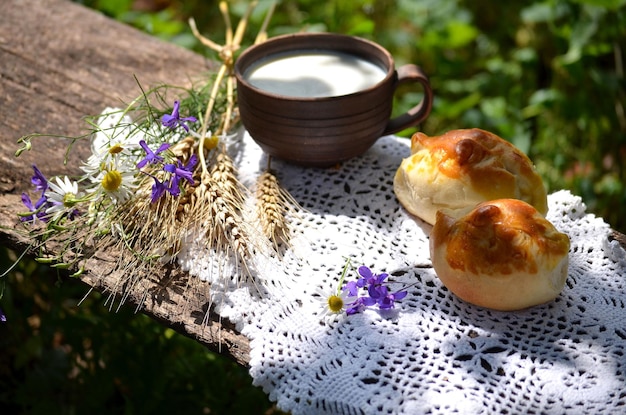 Gâteaux et lait de petit déjeuner de pays sur le banc dans le jardin