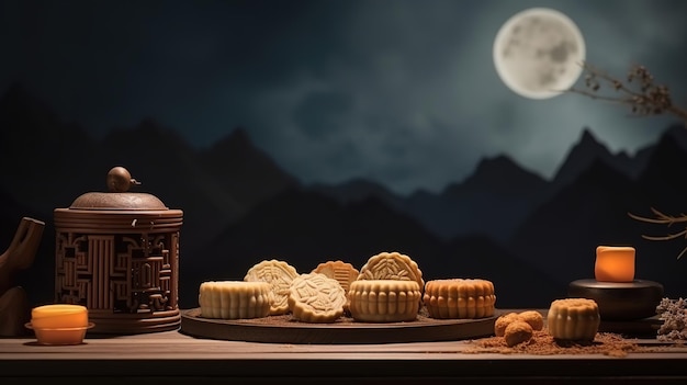 Photo gâteaux de lune sur fond de pleine lune, fête de la mi-automne en chine
