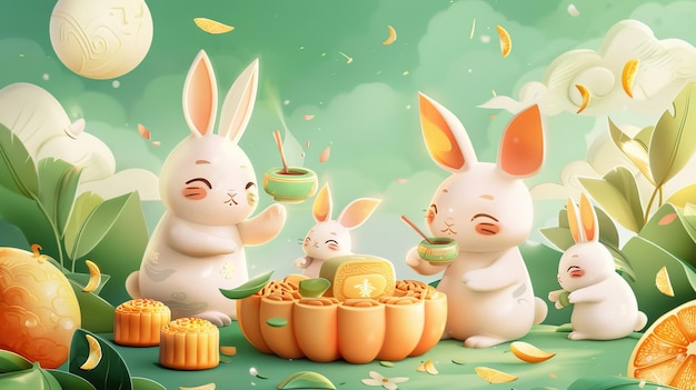 Avec des gâteaux de lune géants, du pomelo et du thé, des lapins de jade célèbrent la fête du milieu de l'automne à l'extérieur.