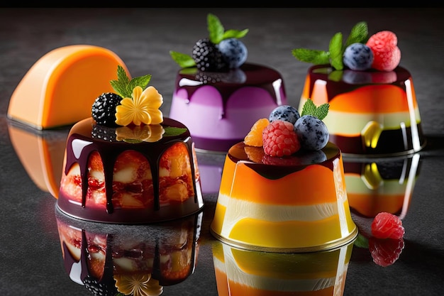 Gâteaux à la mousse de fruits assortis avec décoration et gelée créés avec générative ai