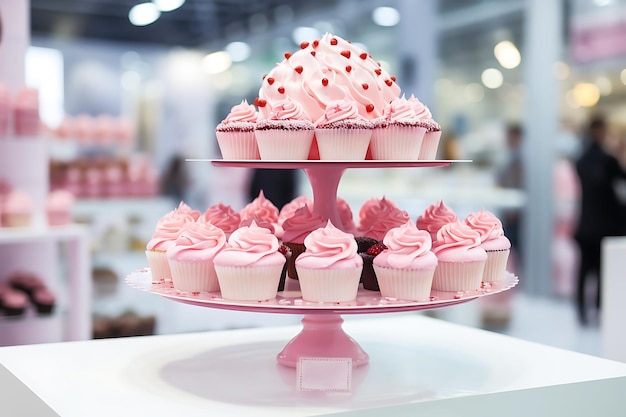 Des gâteaux roses sur une vitrine Photo horizontale