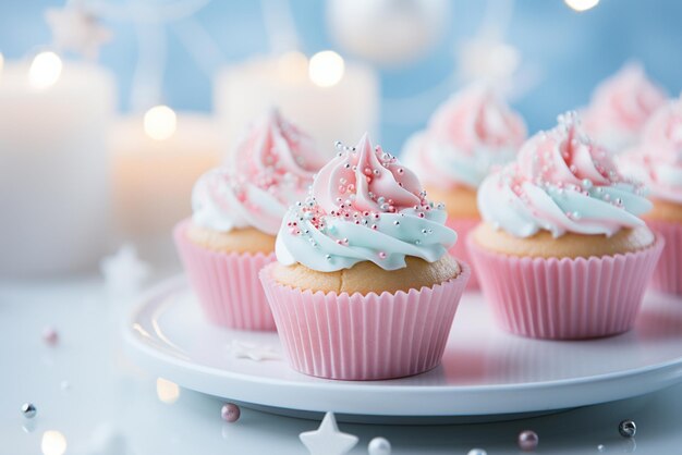 Des gâteaux de tasse sur une salle de pâtisserie de couleur pastel