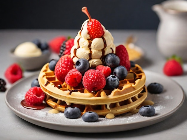 Photo une gaufre avec des baies et une tasse de thé