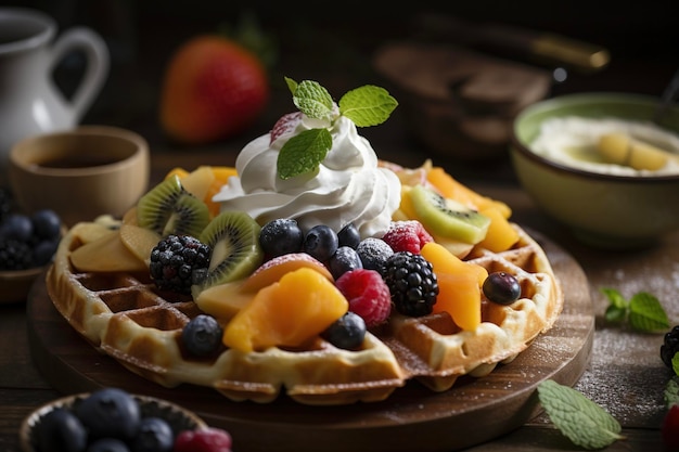 Gaufre belge maison sucrée avec crème fouettée et fruits