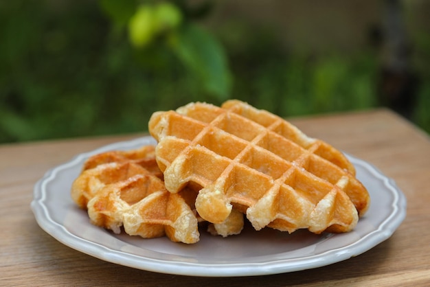 Gaufre belge à tartiner au chocolat. Gaufrettes. Dessert. Gaufres américaines. Nous avons fait des gaufres à la maison.