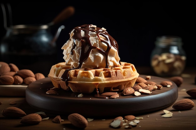 Gaufre avec crème glacée et sauce au chocolat sur fond de bois Generative AI