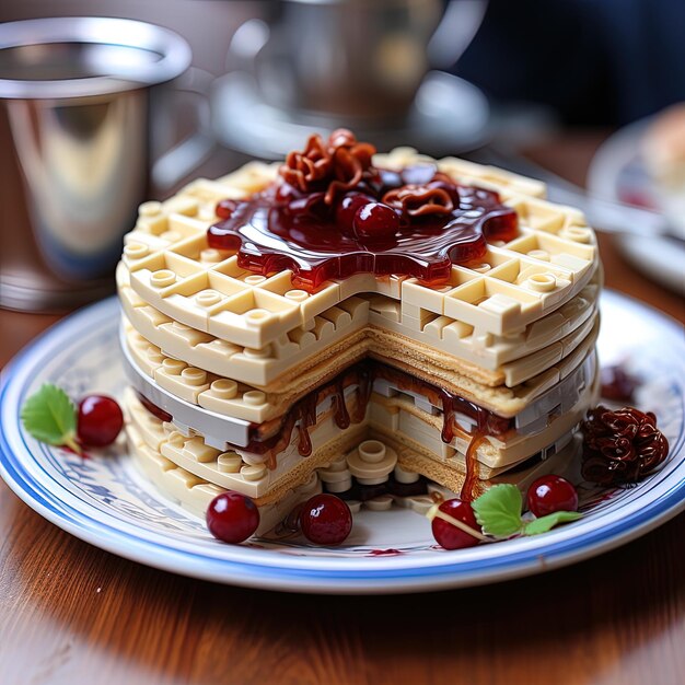 Photo une gaufre avec une crêpe sur le dessus