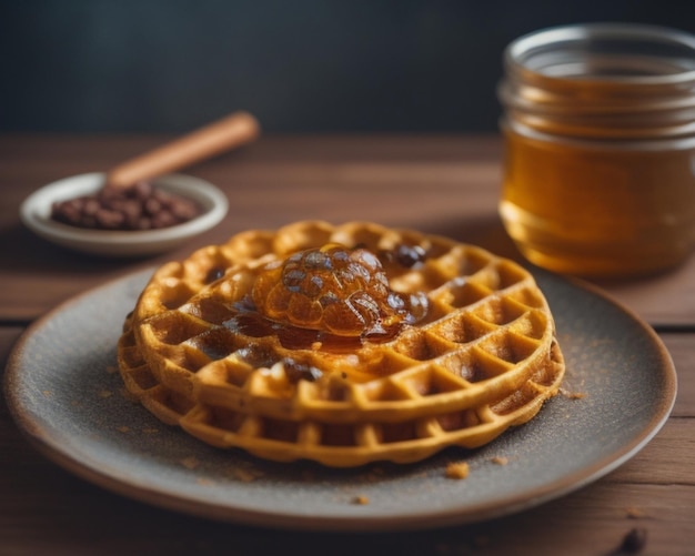 une gaufre avec du sirop et un pot de miel