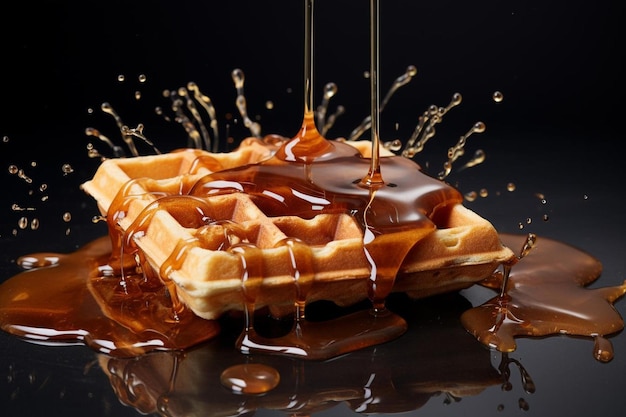 une gaufre avec du sirop versé dessus