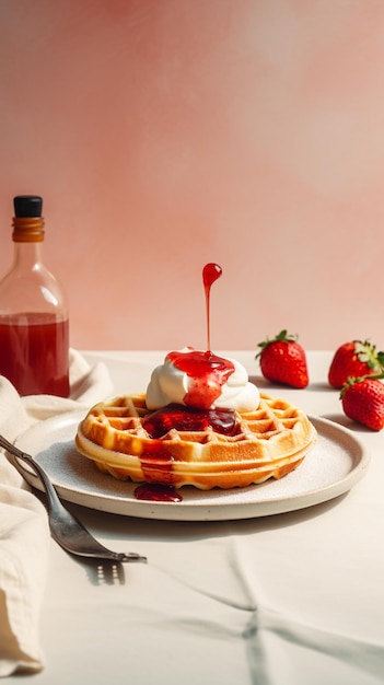 Une gaufre avec une fraise dessus