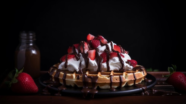 Une gaufre avec des fraises et de la crème fouettée sur le dessus.