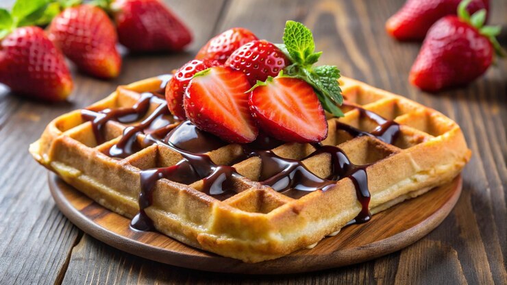 Photo une gaufre avec des fraises et du chocolat dessus